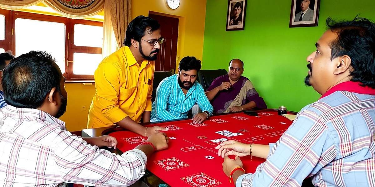 People playing different variants of Indian Rummy in a traditional Indian setting