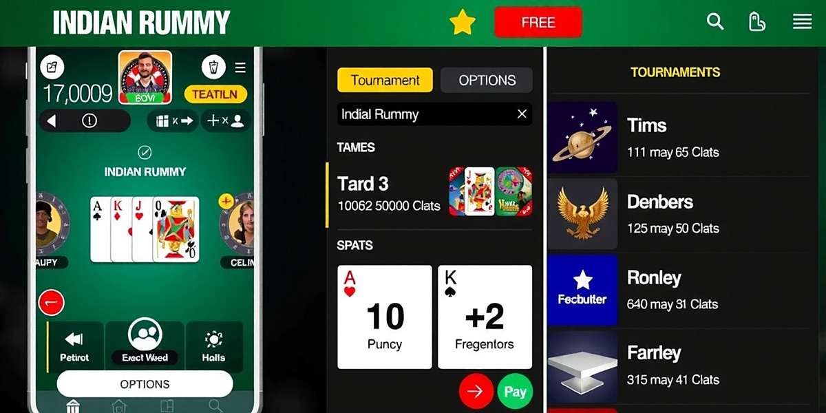Indian Rummy mobile app interface showing gameplay, chat, and tournament options