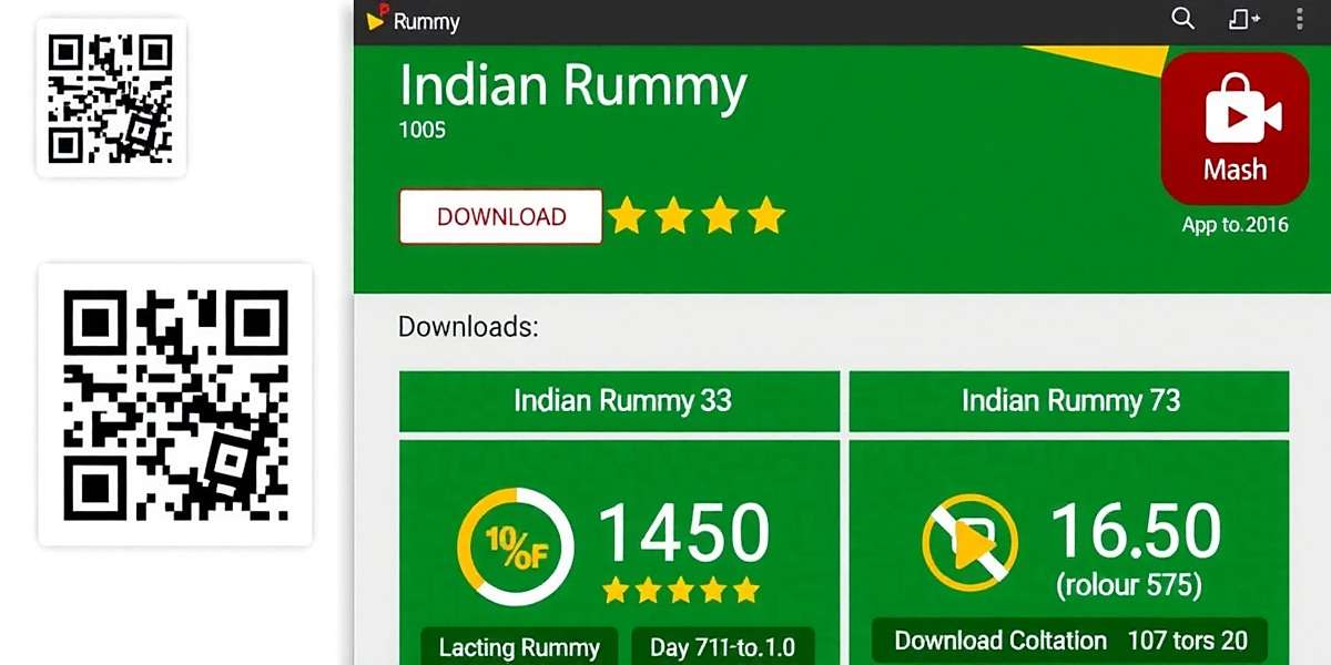 Indian Rummy app download page showing QR code, ratings, and download statistics