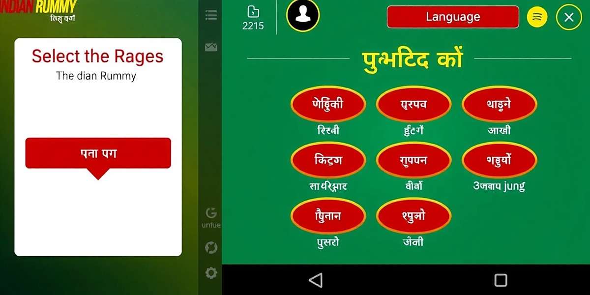 Indian Rummy app interface showing language selection with various Indian languages